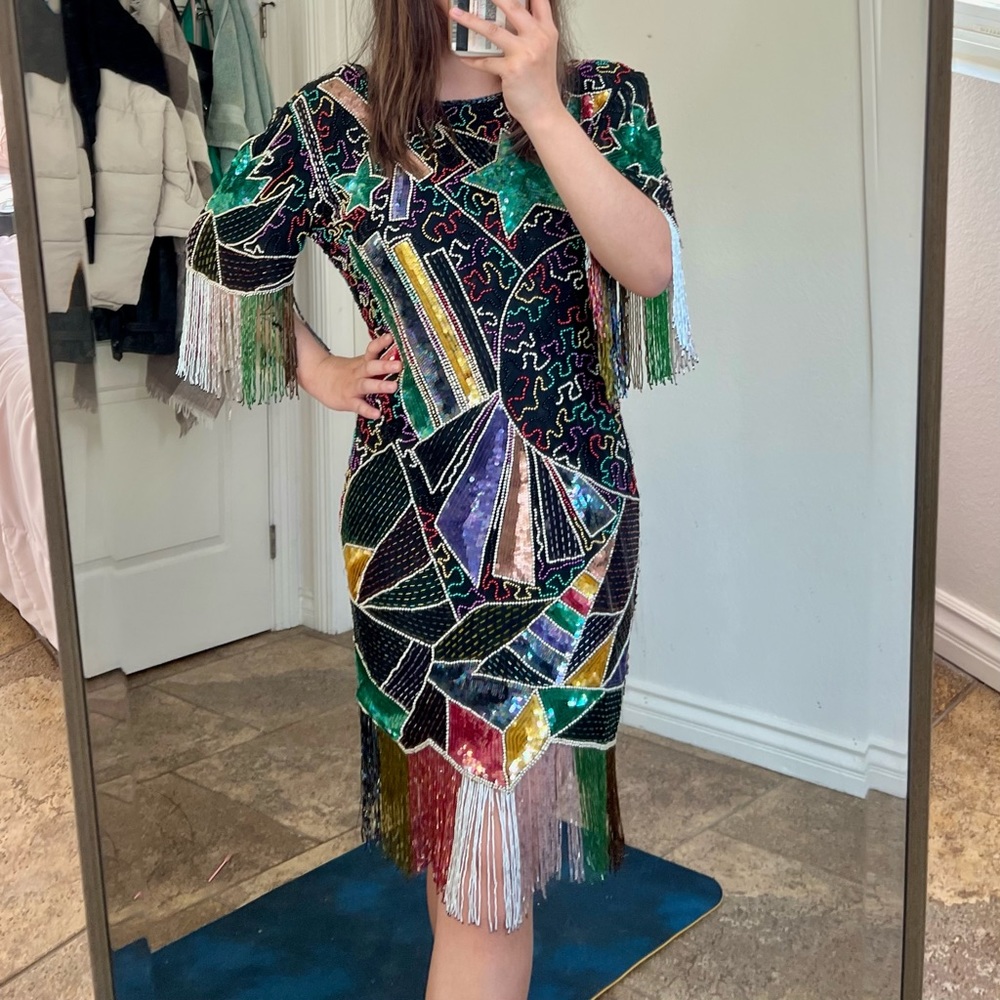 BNWT Vintage 80s Abstract Beaded Fringe Dress Multicolored, Rainbow, Sequins